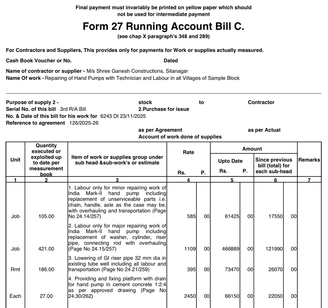 Sample Form 27 Running Account Bill C generated by ExaProcess, with contractor, name of work, agreement reference and measured items with up-to-date and since-previous amounts